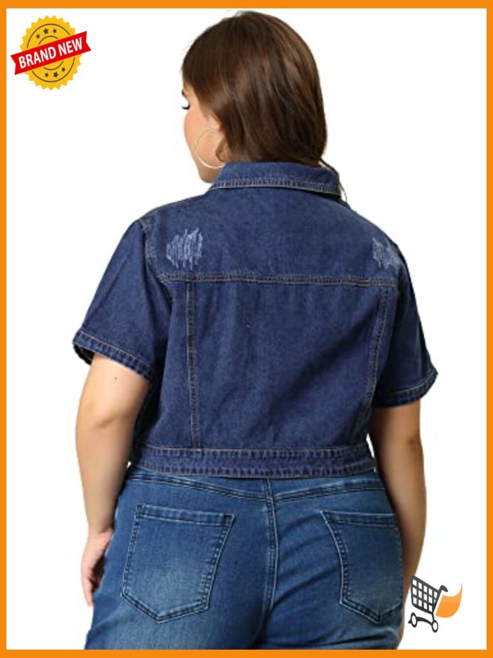 Plus Size Crop Denim Jacket Short Sleeve Button Down - Picture 5 of 7